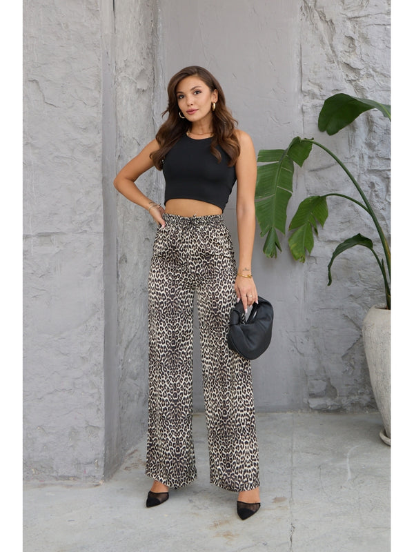 Leopar Beli Bağcıklı Saten Pantolon