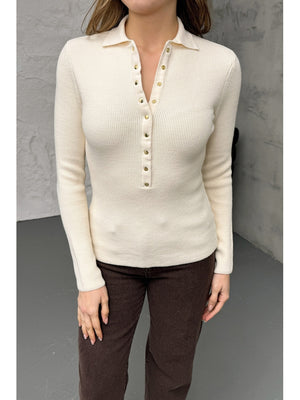 Krem Polo Yaka Çıtçıtlı Kazak 251172-Krem