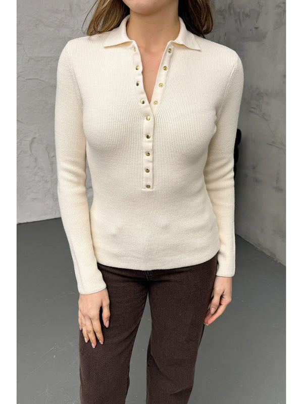 Krem Polo Yaka Çıtçıtlı Kazak 251172-Krem