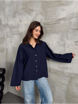 Lacivert Geniş Kol Oversize Gömlek