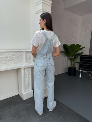 Buz Mavi Geniş Paça Denim Salopet