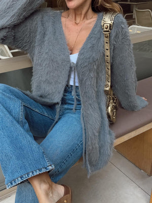 Gri Peluş Yumuşak Dokulu Bağlamalı Uzun Triko Hırka