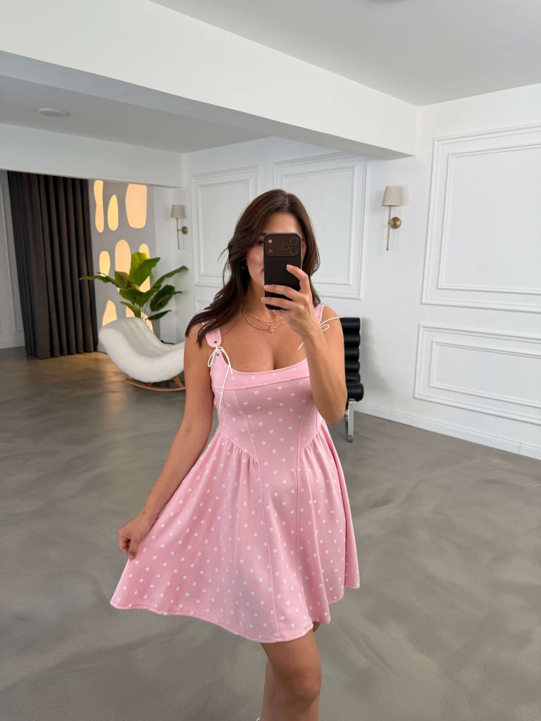 Pembe Puantiyeli Omuzu Bağcıklı Elbise 4154-Pembe