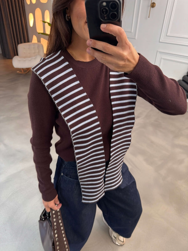 Kahverengi Çizgili Şal Detaylı Triko Bluz 002738-Kahverengi