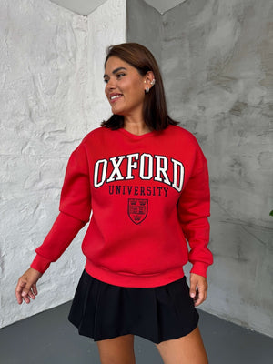 Kırmızı Oxford Nakışlı Bisiklet Yaka Sweat