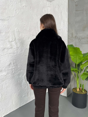 Premium Siyah İthal Kumaş Kürk Mont 70099-Siyah