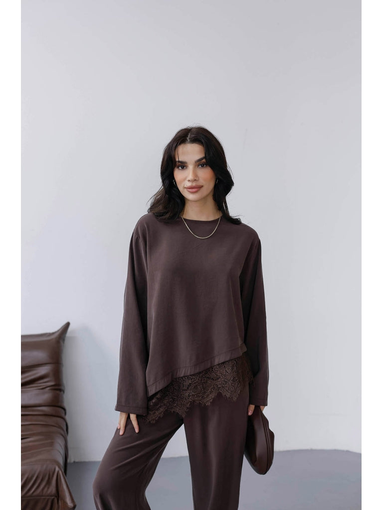 Kahverengi Etek Ucu Dantelli Tencel Takım 2801-Kahverengi