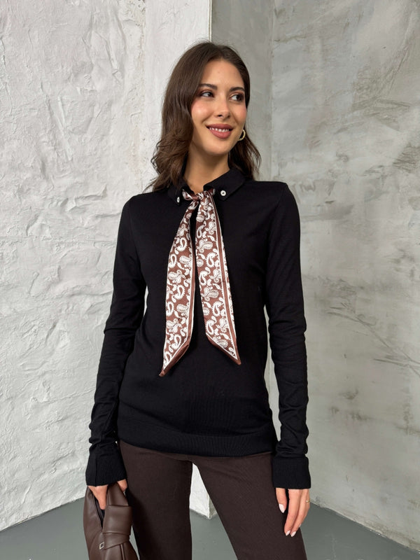 Siyah Polo Yaka Fularlı Massi Model Kazak R0097-Siyah