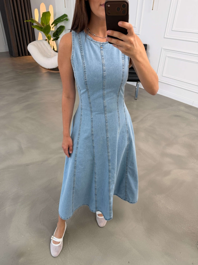 Mavi Dikiş Detaylı Jean Elbise 1029-Mavi