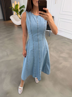 Mavi Dikiş Detaylı Jean Elbise 1029-Mavi