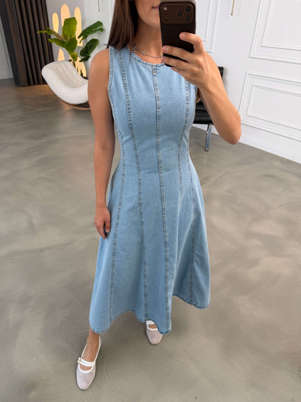 Mavi Dikiş Detaylı Jean Elbise 1029-Mavi