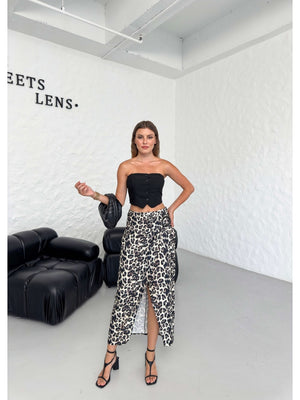 Leopar Toka Detaylı Yırtmaçlı Etek 65659