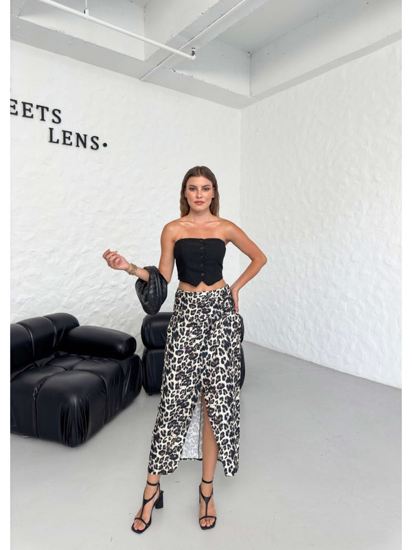 Leopar Toka Detaylı Yırtmaçlı Etek 65659