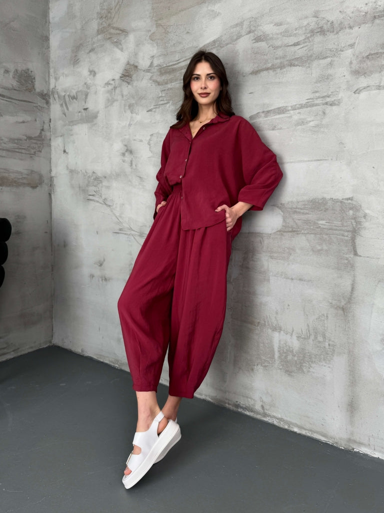 Bordo Tensel Gömlek Pantolon Takım