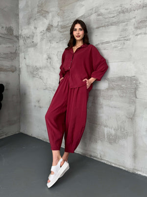 Bordo Tensel Gömlek Pantolon Takım