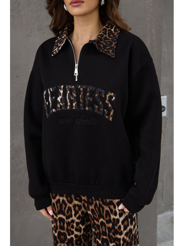 Siyah Leopar Nakışlı Polo Yaka Sweat