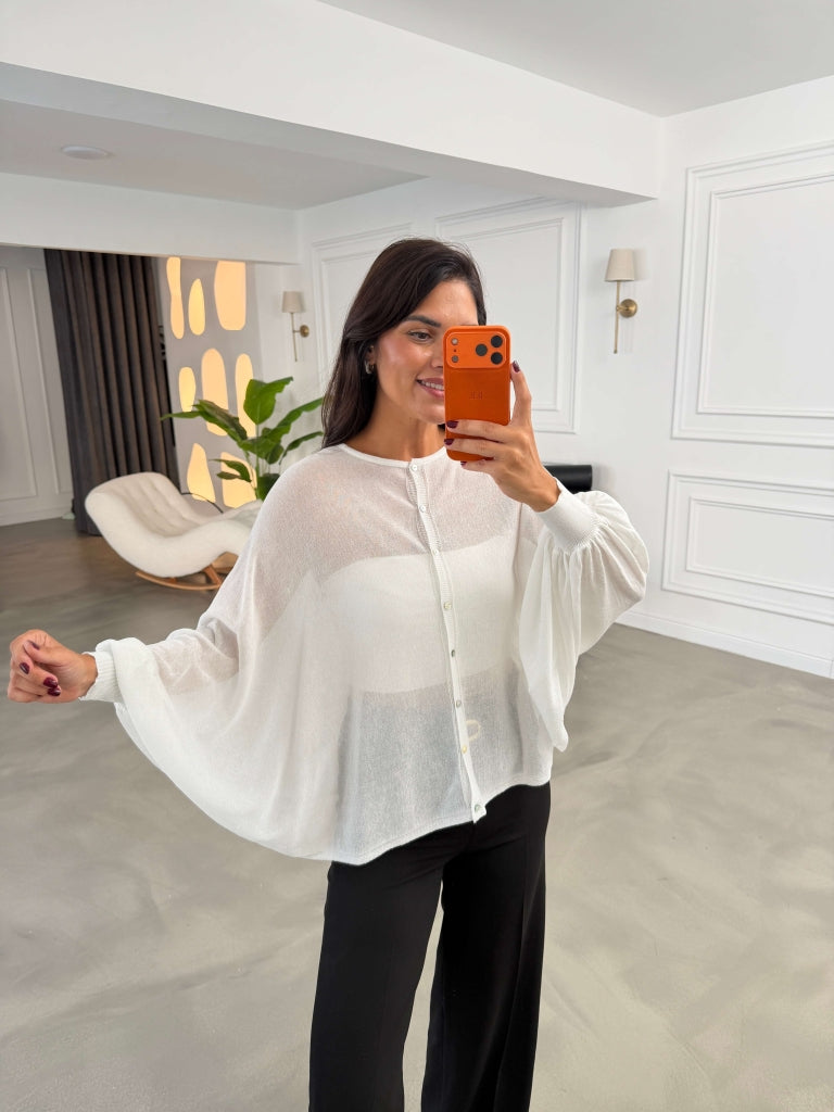 Ekru Transparan Pelerin Triko Bluz 2869-Ekru