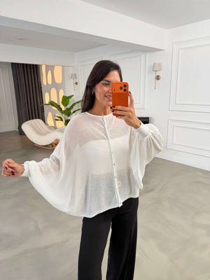 Ekru Transparan Pelerin Triko Bluz 2869-Ekru