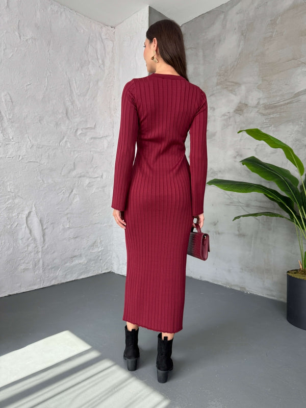 Bordo Massi Model Merserize Triko Elbise