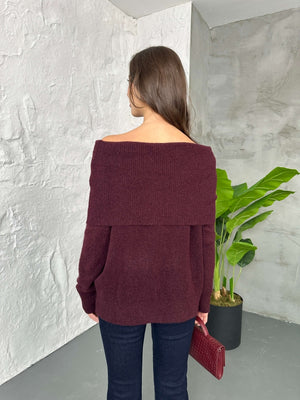 Bordo Açık Yaka Baklava Desen Kazak 2530-Bordo