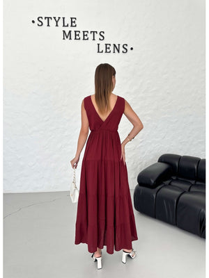 Premium Bordo Kruvaze Keten Elbise