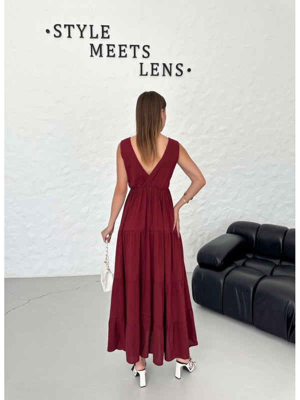 Premium Bordo Kruvaze Keten Elbise