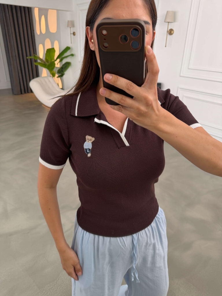 Kahverengi Polo Yaka Teddy Nakışlı İnce Triko Bluz 2791-Kahverengi