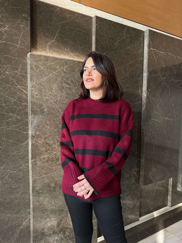 Bordo Çizgili Oversize Kazak