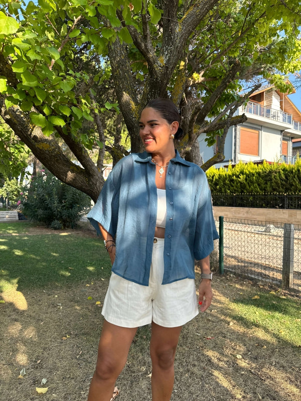 Petrol Mavisi Transparan Kısa Kolu Oversize Gömlek 4927-PETROL MAVİSİ