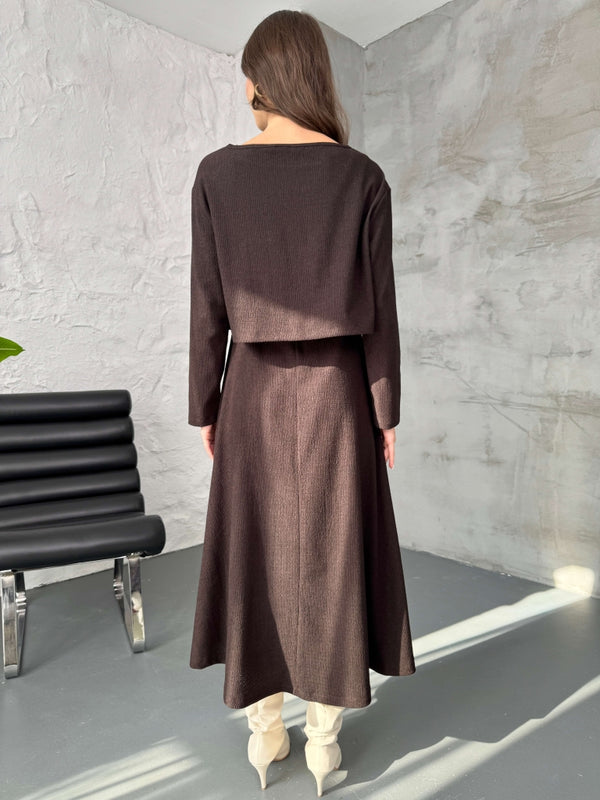 Kahve Bluzlu Elbise İkili Takım 7634-Kahve