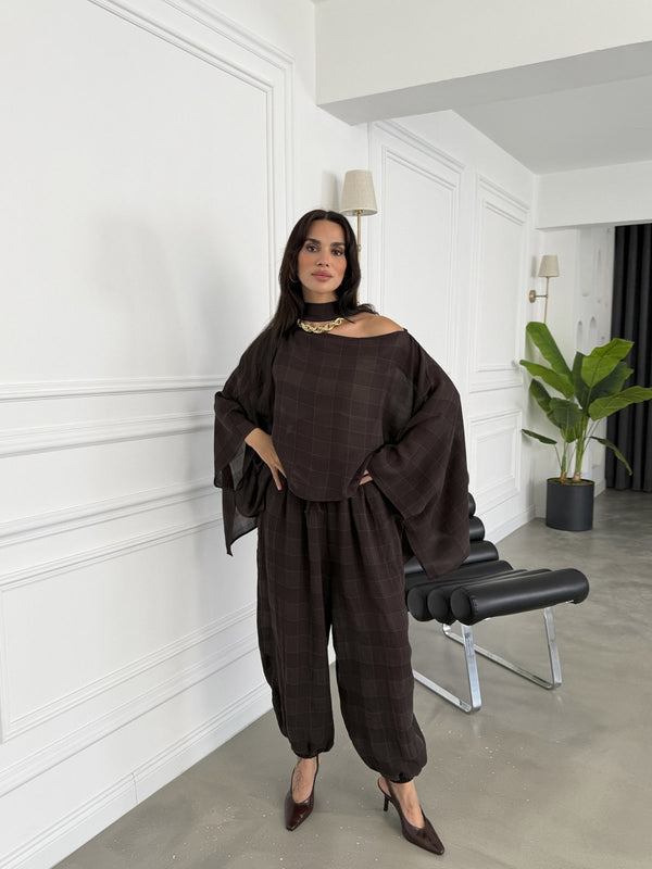 Kahve Fularlı Panço Takım 51344-Kahve
