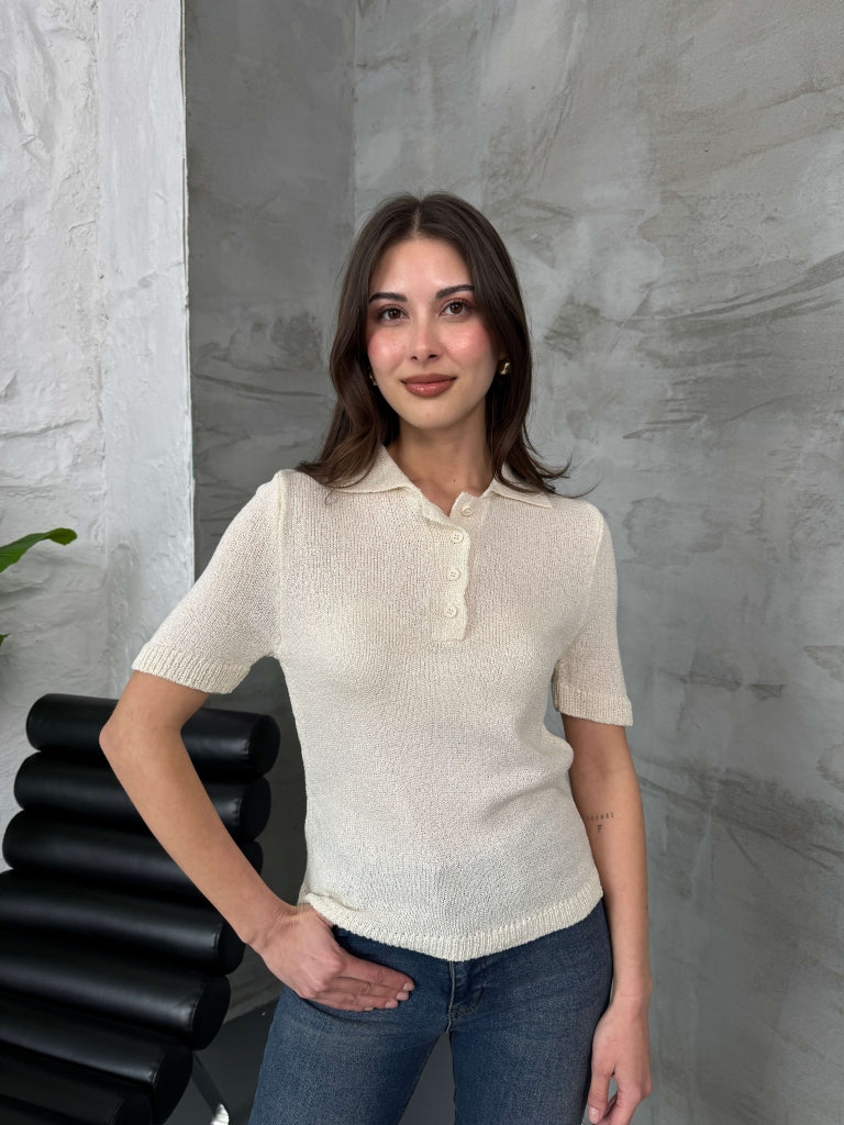 Ekru Polo Yaka Merserize Bluz