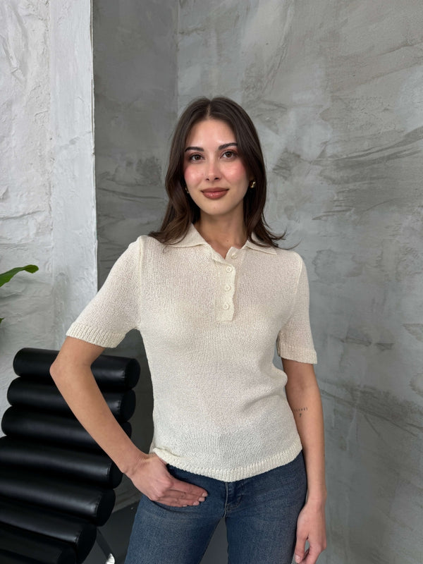 Ekru Polo Yaka Merserize Bluz