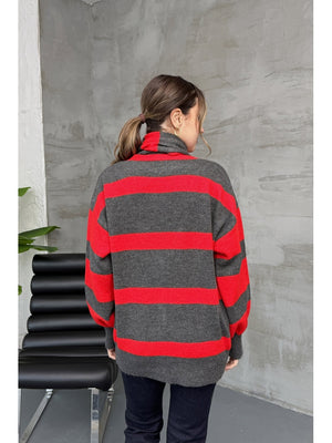 Kırmızı Çizgili Atkılı Hırka 2569-Kırmızı