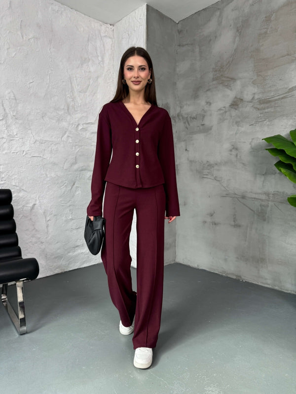 Bordo Gold Düğmeli Hırkalı Selanik Takım
