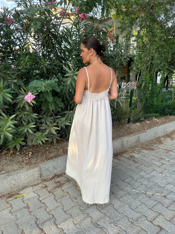 Taş İp Askılı Keten Elbise