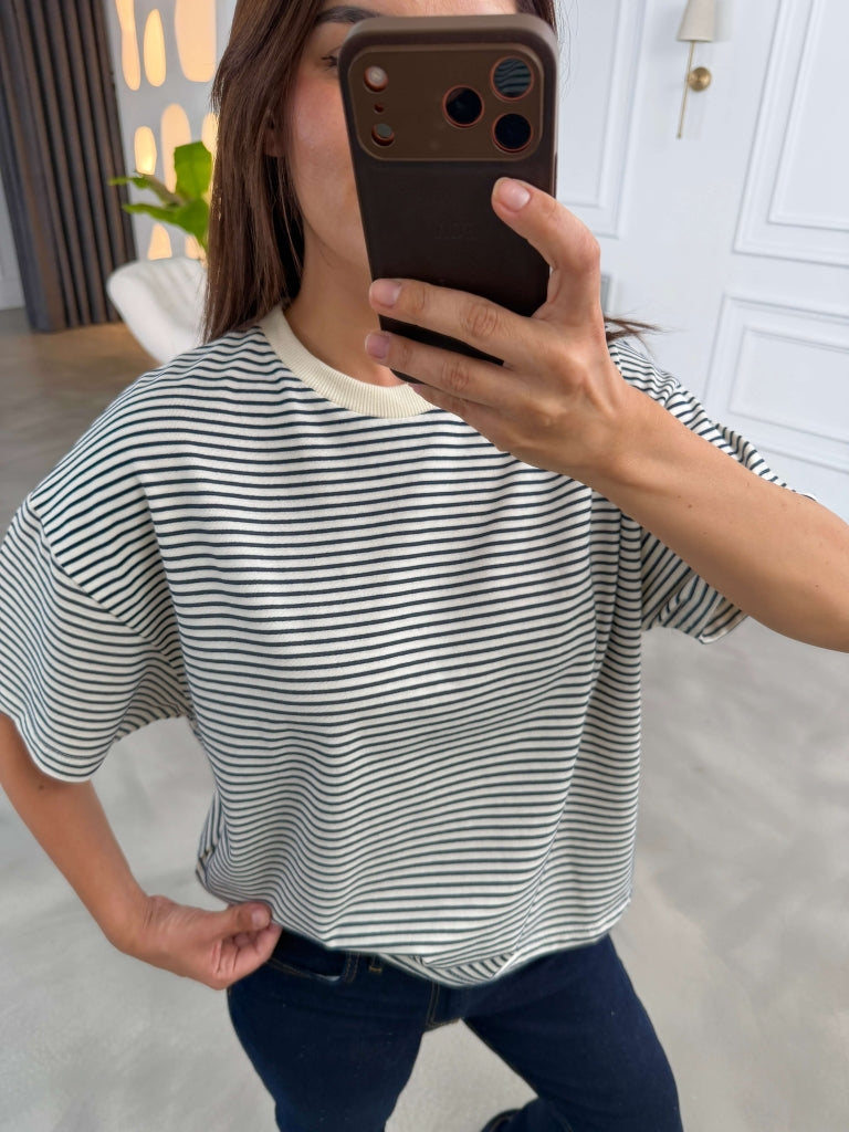 Ekru Lacivert Çizgili Orj Marka Oversize Tshirt 6274-Ekru Lacivert