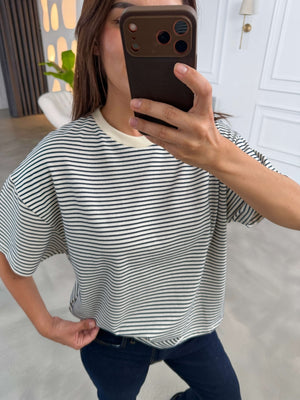 Ekru Lacivert Çizgili Orj Marka Oversize Tshirt 6274-Ekru Lacivert