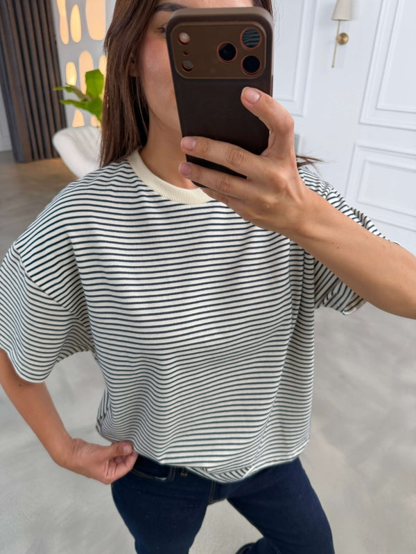 Ekru Lacivert Çizgili Orj Marka Oversize Tshirt 6274-Ekru Lacivert