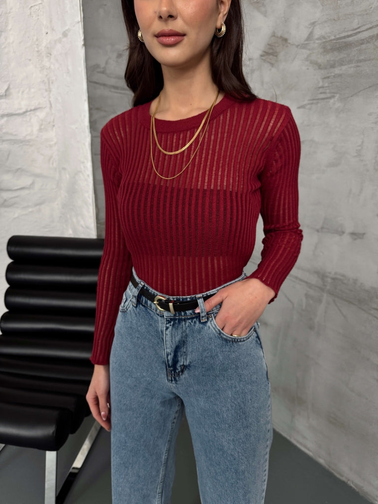 Bordo Transparan Triko Bluz