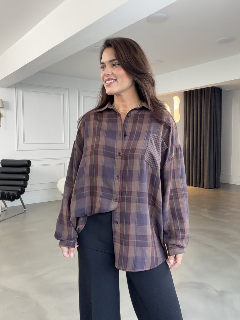 Kahverengi Ekoseli Cepli Oversize Gömlek 5163-Kahverengi