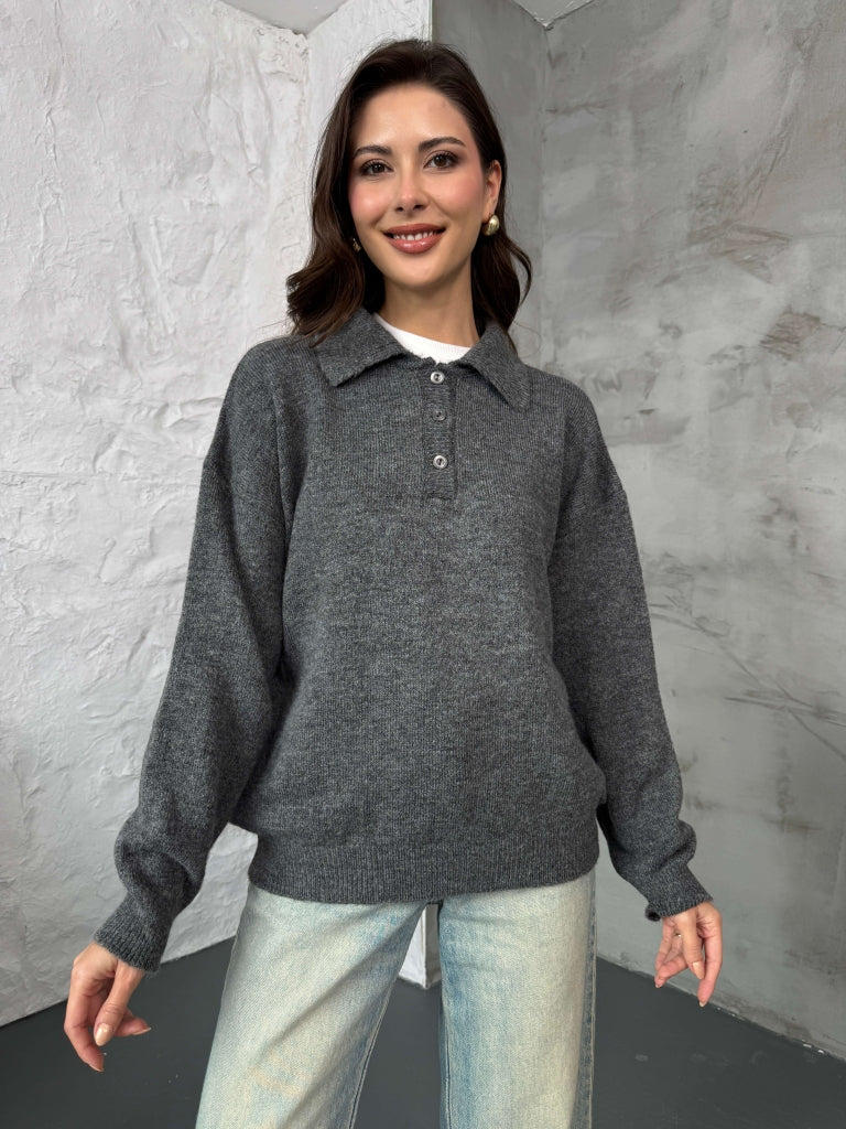 Gri Polo Yaka Düğmeli Triko Kazak 2482-GRİ