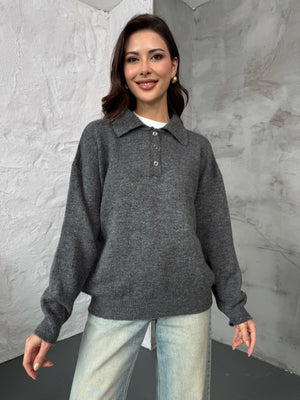 Gri Polo Yaka Düğmeli Triko Kazak 2482-GRİ