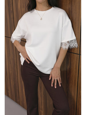 Beyaz Sırtı Dantelli Tshirt 1073-Beyaz