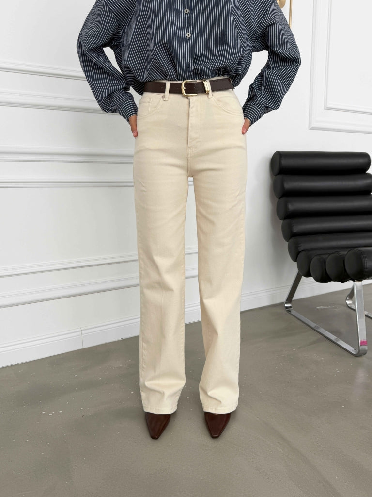 Bej Yüksek Bel Straight Paça Kemerli Jean 700-Bej