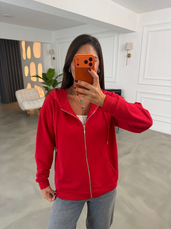 Kırmızı Kapüşonlu Fermuarlı Basic Sweatshirt 4321-Kırmızı