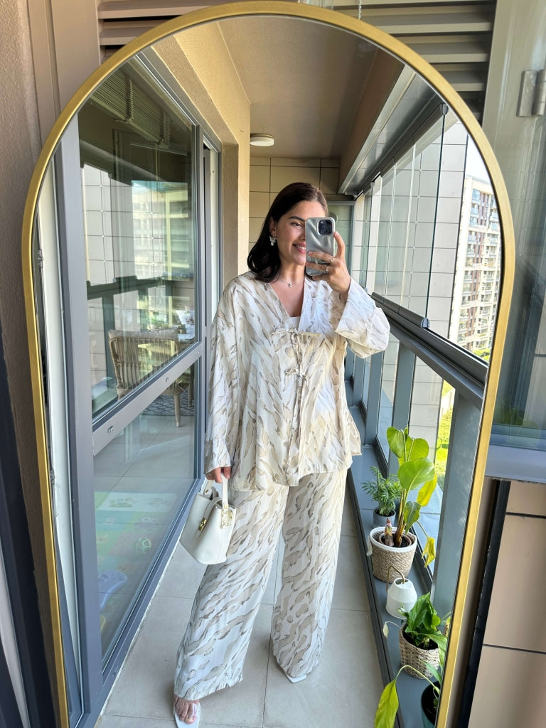 Taş Desenli Saten Kimono Takım