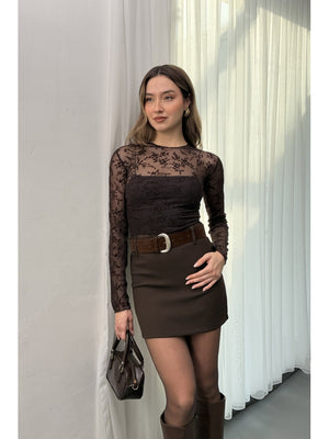 Kahverengi Çiçekli Transparan Bluz 58447-Kahverengi