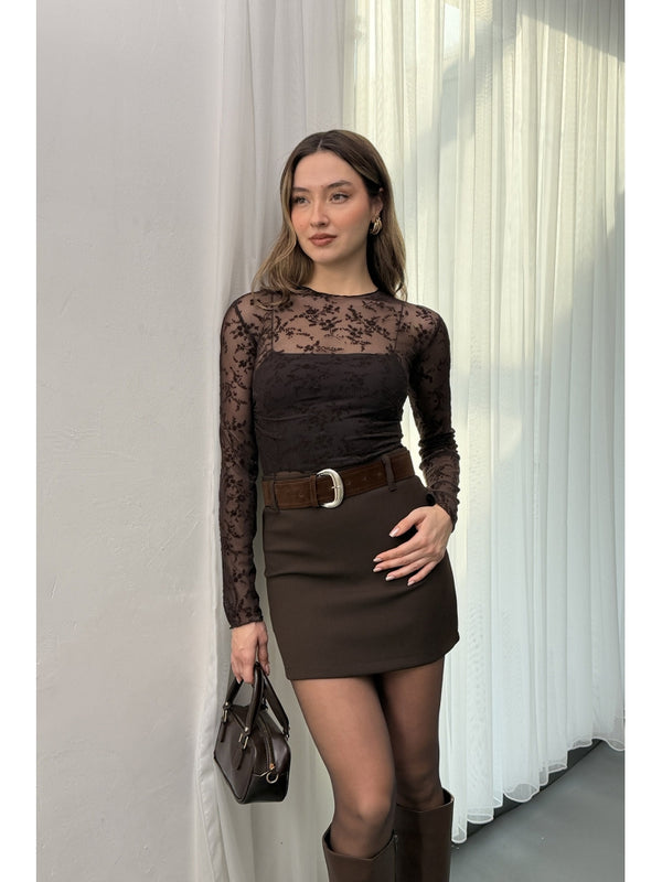 Kahverengi Çiçekli Transparan Bluz 58447-Kahverengi