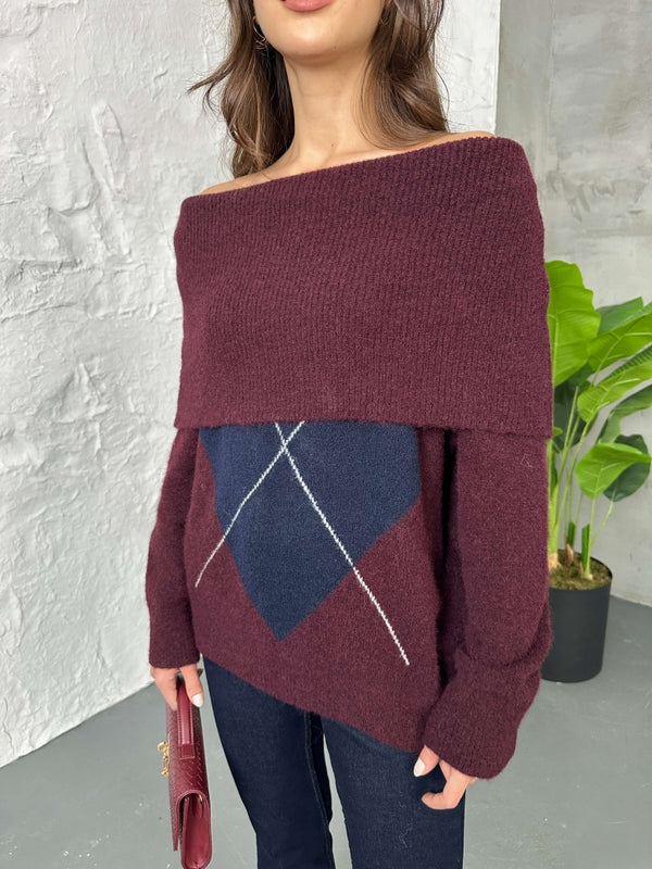 Bordo Açık Yaka Baklava Desen Kazak 2530-Bordo